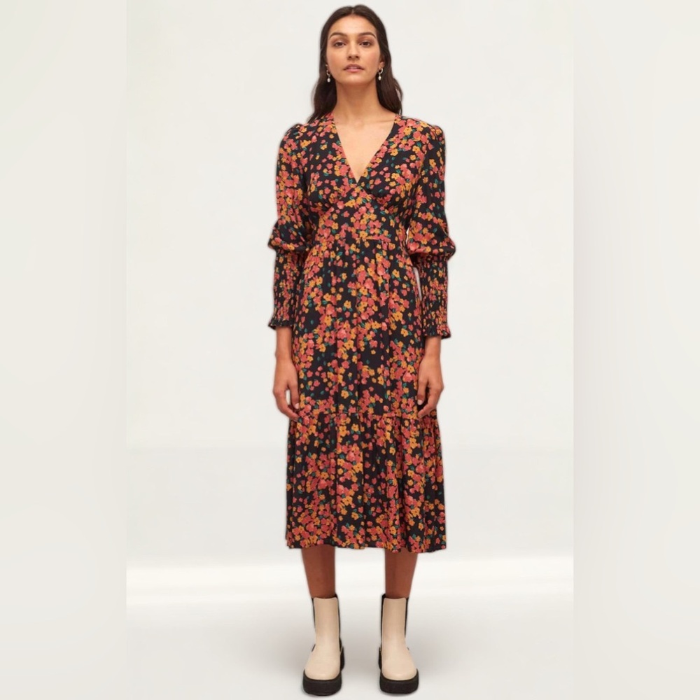 Nobody's Child Black and Orange Floral Cara Midi Dress | US Sz 10 / UK Sz 14